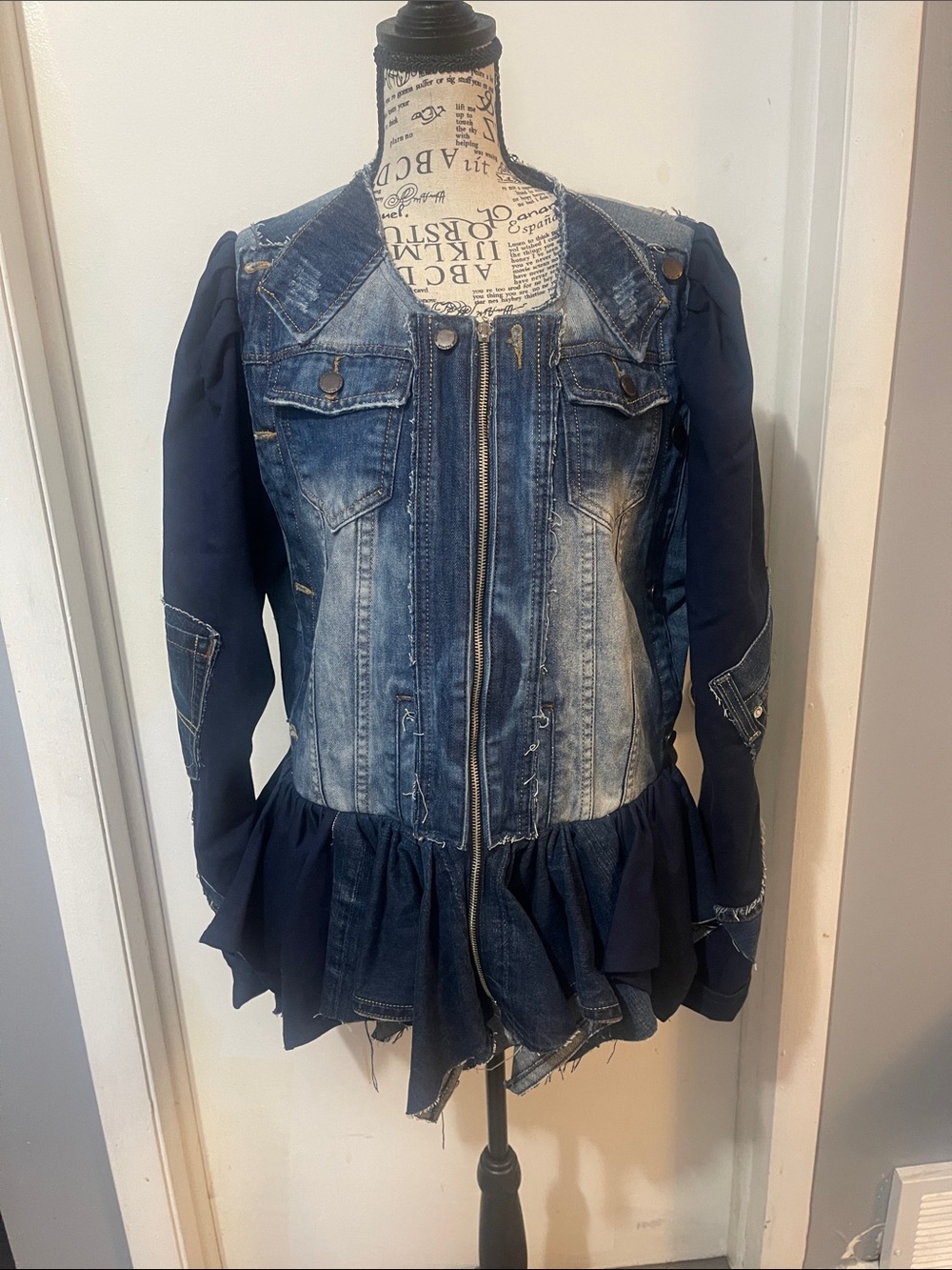 Denim Peplum Jacket in Dark Blue